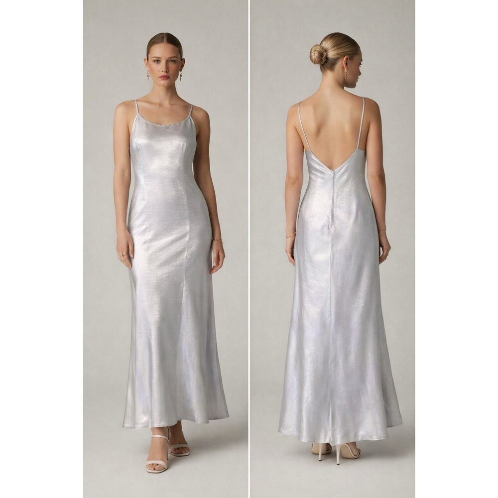 Scott McClintock Silver Iridescent Slip Maxi Dress Beaded Strap Satin 90s Sz 10